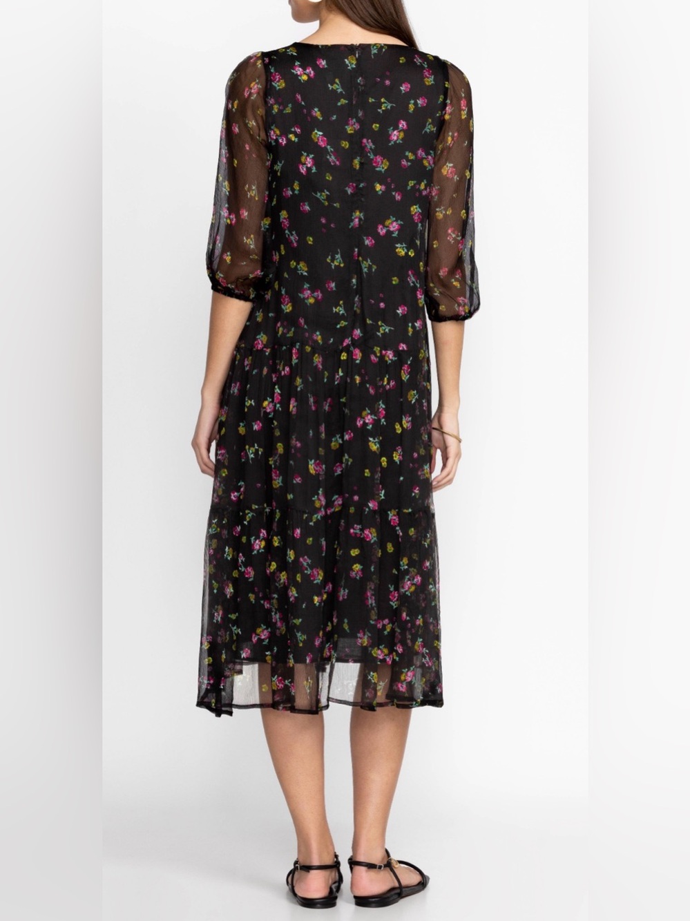 Johnny Was Jade Midi Dress Large 100% Silk Floral Black Boho Tiered Flowy Summer - Picture 11 of 11
